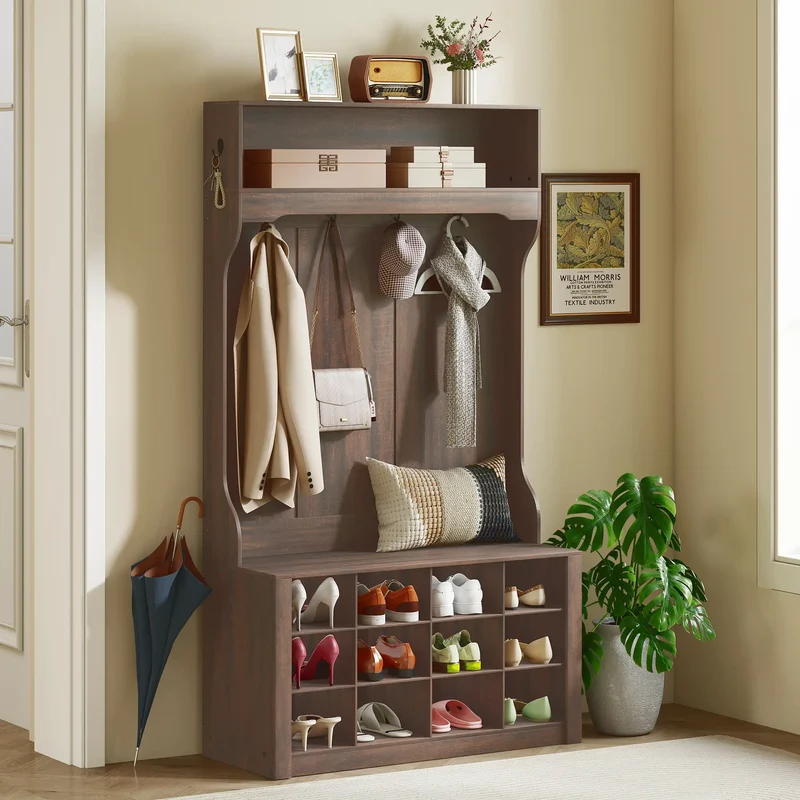 4-In-1 Hall Tree with Bench, Shoe Storage, 12 Cubbies, 6 Hooks, Dark Brown