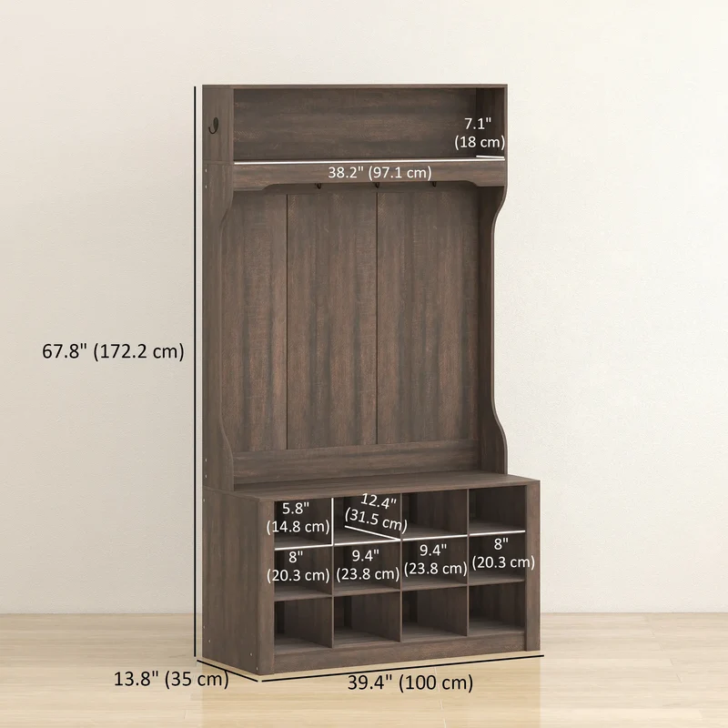 4-In-1 Hall Tree with Bench, Shoe Storage, 12 Cubbies, 6 Hooks, Dark Brown