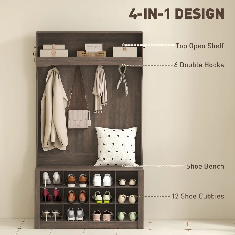 4-In-1 Hall Tree with Bench, Shoe Storage, 12 Cubbies, 6 Hooks, Dark Brown