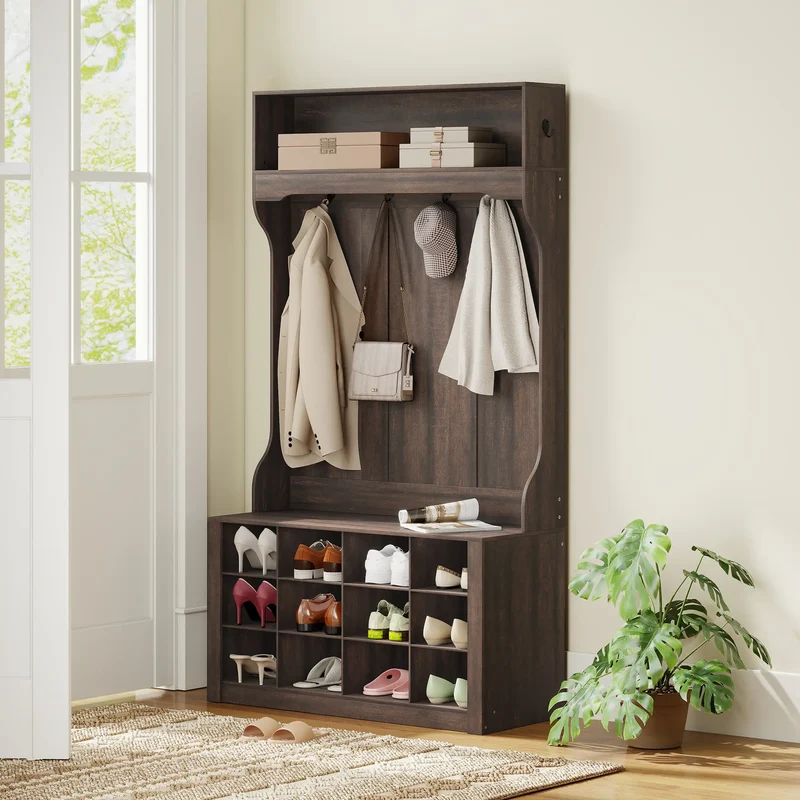 4-In-1 Hall Tree with Bench, Shoe Storage, 12 Cubbies, 6 Hooks, Dark Brown