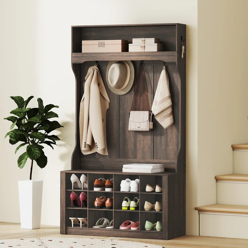 4-In-1 Hall Tree with Bench, Shoe Storage, 12 Cubbies, 6 Hooks, Dark Brown