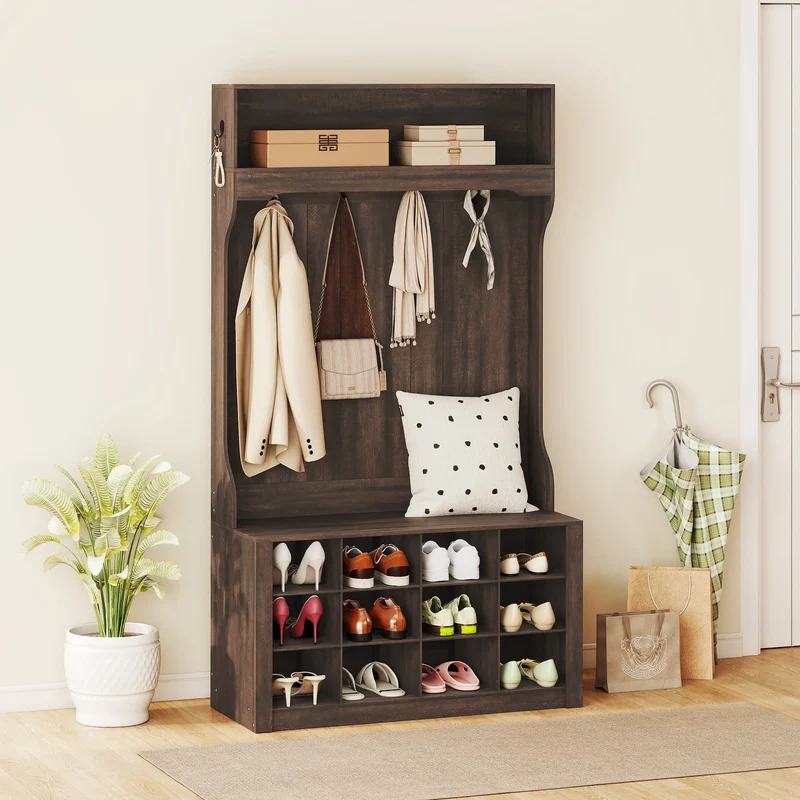 4-In-1 Hall Tree with Bench, Shoe Storage, 12 Cubbies, 6 Hooks, Dark Brown