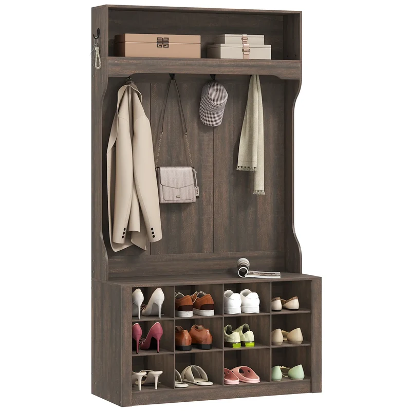 4-In-1 Hall Tree with Bench, Shoe Storage, 12 Cubbies, 6 Hooks, Dark Brown