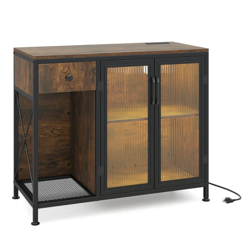 Buffet Sideboard With Doors, Power Outlets, LED Light, Brown