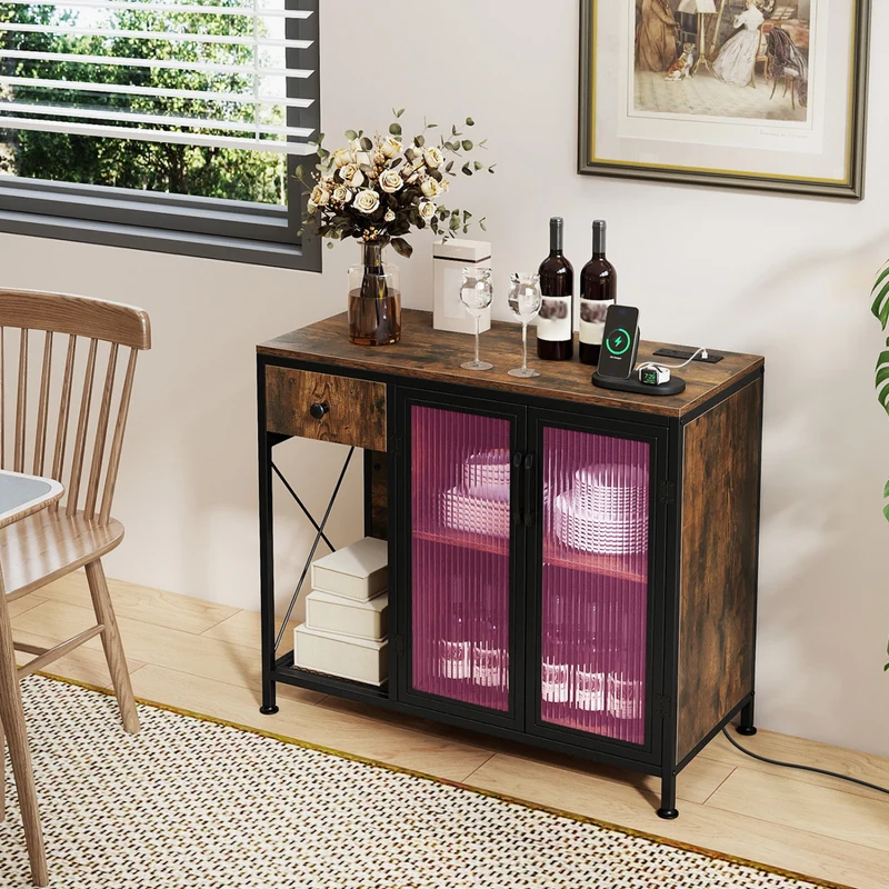Buffet Sideboard With Doors, Power Outlets, LED Light, Brown