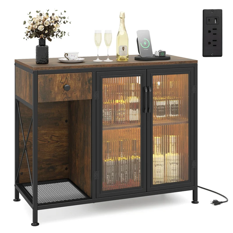 Buffet Sideboard With Doors, Power Outlets, LED Light, Brown