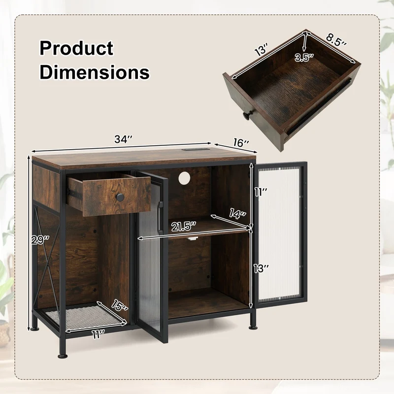 Buffet Sideboard With Doors, Power Outlets, LED Light, Brown