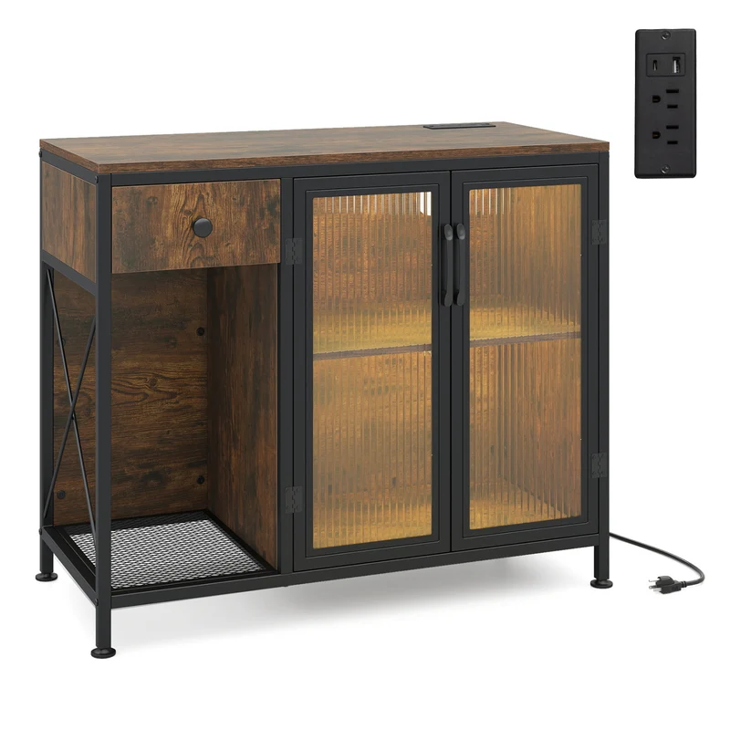 Buffet Sideboard With Doors, Power Outlets, LED Light, Brown