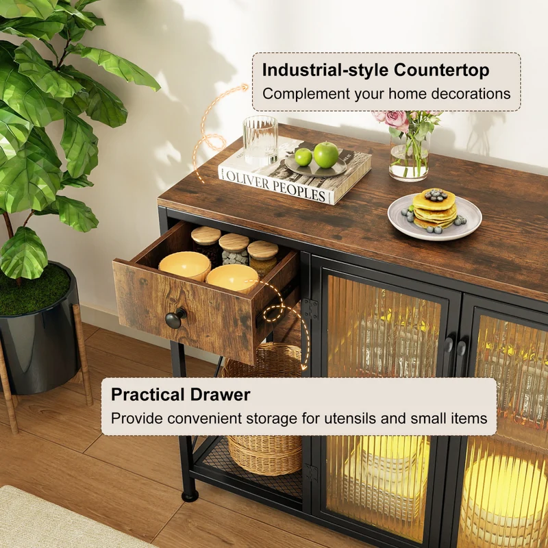 Buffet Sideboard With Doors, Power Outlets, LED Light, Brown