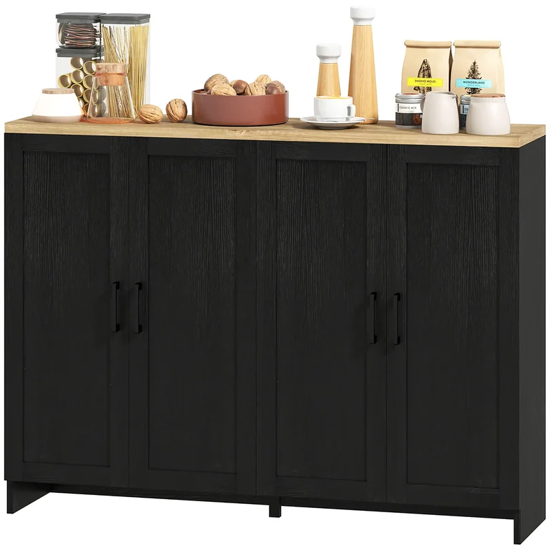 Modern Sideboard Buffet Cabinet, 4 Doors Adjustable Shelves, Black