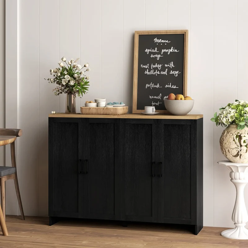 Modern Sideboard Buffet Cabinet, 4 Doors Adjustable Shelves, Black