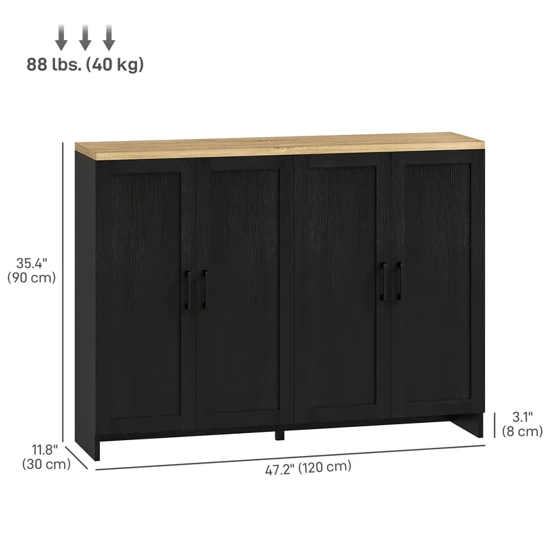 Modern Sideboard Buffet Cabinet, 4 Doors Adjustable Shelves, Black