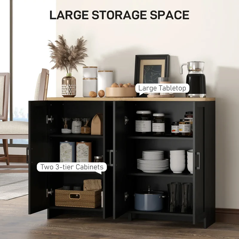 Modern Sideboard Buffet Cabinet, 4 Doors Adjustable Shelves, Black