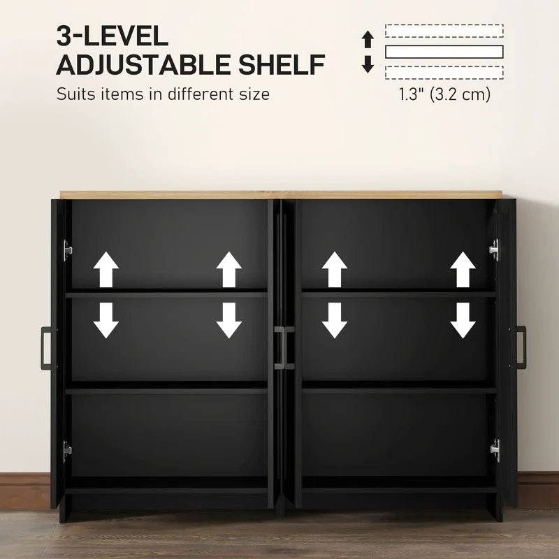 Modern Sideboard Buffet Cabinet, 4 Doors Adjustable Shelves, Black