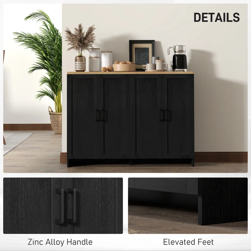 Modern Sideboard Buffet Cabinet, 4 Doors Adjustable Shelves, Black
