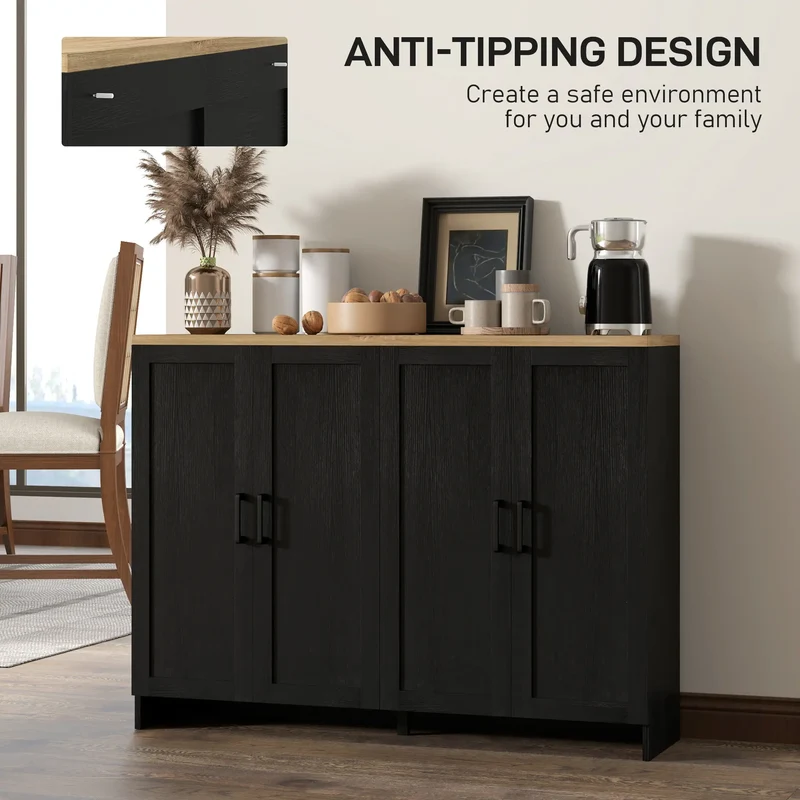 Modern Sideboard Buffet Cabinet, 4 Doors Adjustable Shelves, Black