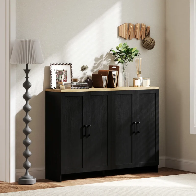 Modern Sideboard Buffet Cabinet, 4 Doors Adjustable Shelves, Black