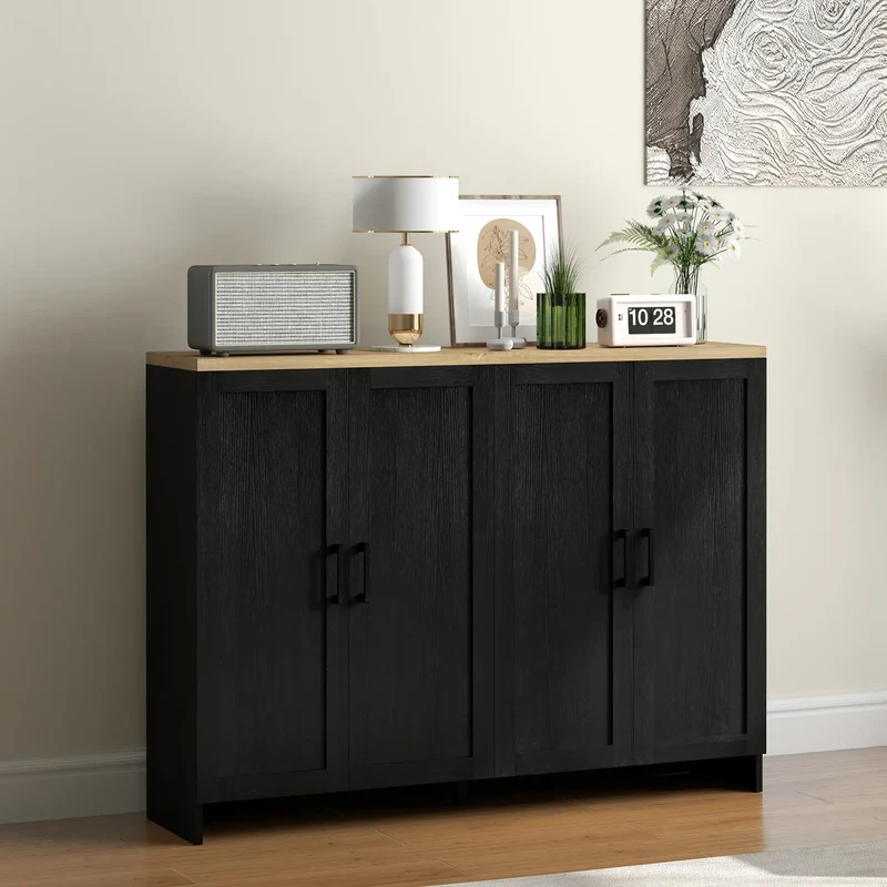 Modern Sideboard Buffet Cabinet, 4 Doors Adjustable Shelves, Black