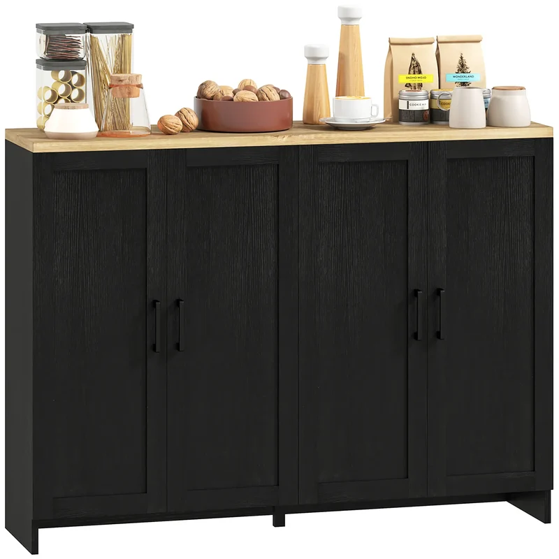 Modern Sideboard Buffet Cabinet, 4 Doors Adjustable Shelves, Black