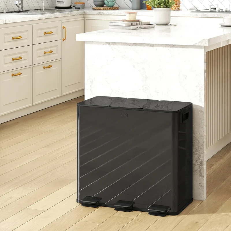 Triple Garbage Bin, Soft Close Trash Can, 3 x 20 Liter, Black
