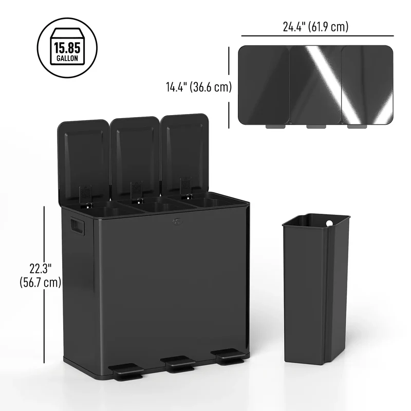 Triple Garbage Bin, Soft Close Trash Can, 3 x 20 Liter, Black