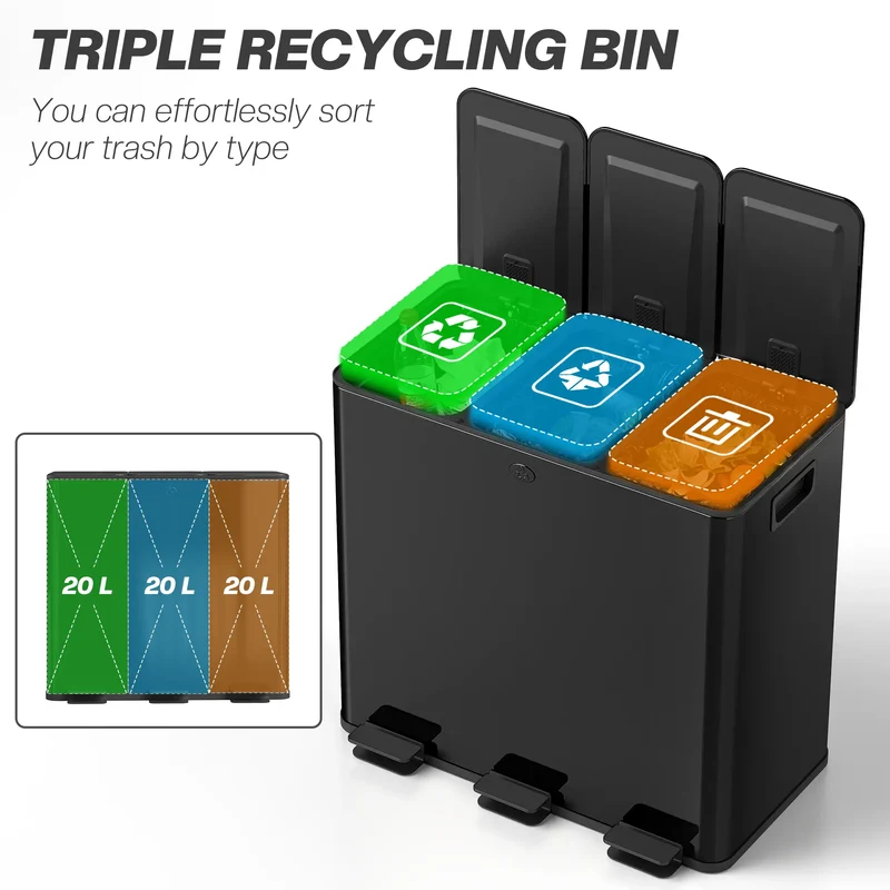 Triple Garbage Bin, Soft Close Trash Can, 3 x 20 Liter, Black