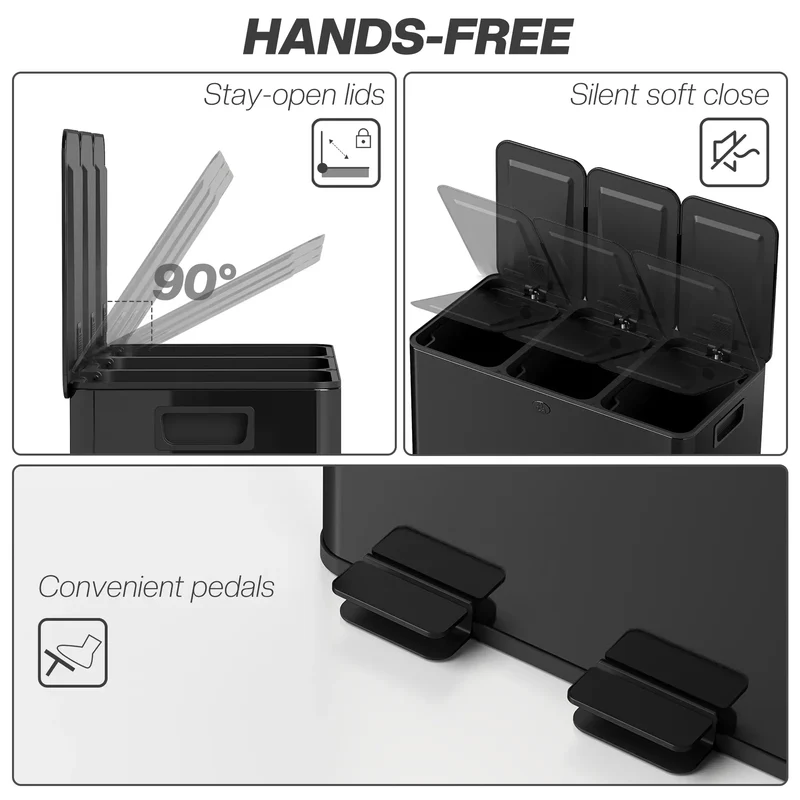 Triple Garbage Bin, Soft Close Trash Can, 3 x 20 Liter, Black