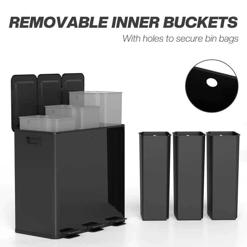 Triple Garbage Bin, Soft Close Trash Can, 3 x 20 Liter, Black