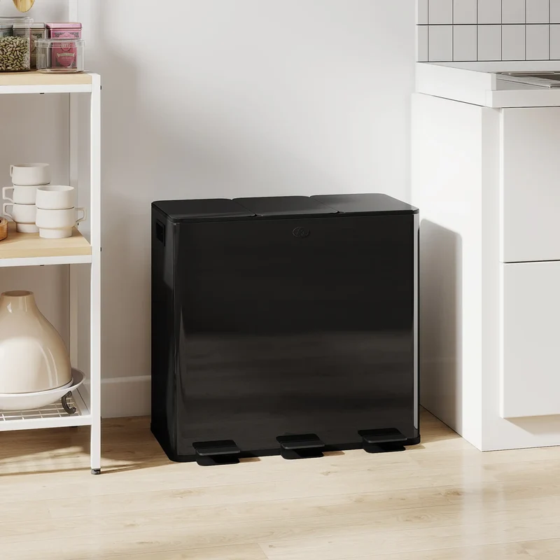 Triple Garbage Bin, Soft Close Trash Can, 3 x 20 Liter, Black