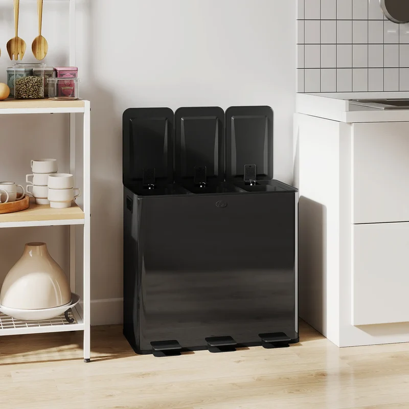 Triple Garbage Bin, Soft Close Trash Can, 3 x 20 Liter, Black
