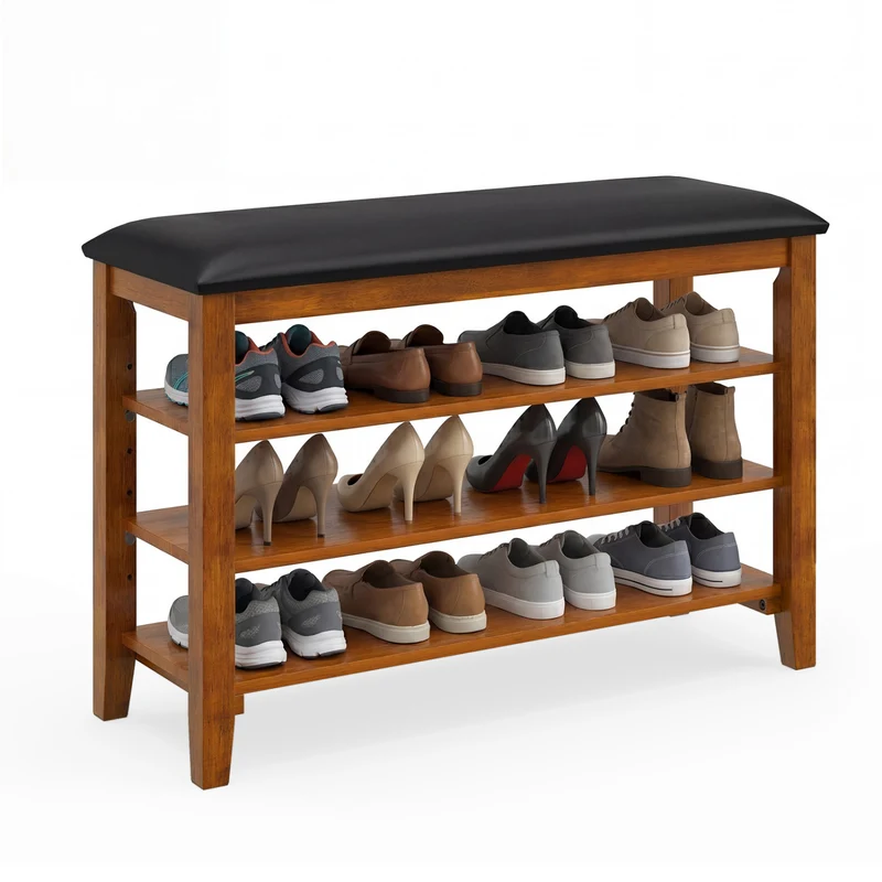 3-Tier Shoe Rack Bench, Adjustable Shelves, Soft Cushion, Brown