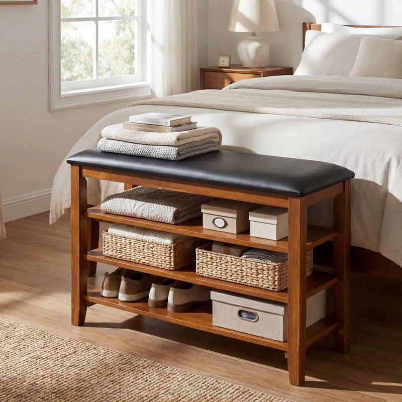 3-Tier Shoe Rack Bench, Adjustable Shelves, Soft Cushion, Brown