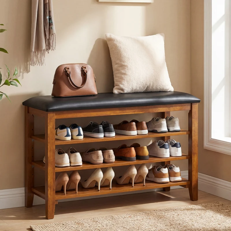 3-Tier Shoe Rack Bench, Adjustable Shelves, Soft Cushion, Brown