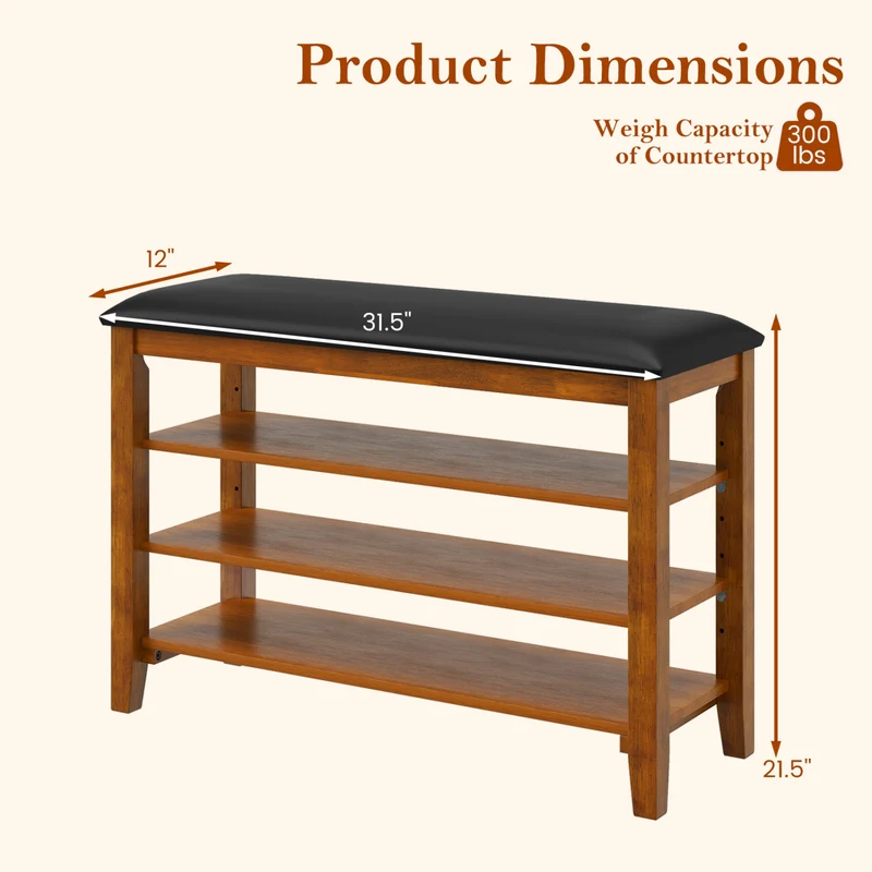 3-Tier Shoe Rack Bench, Adjustable Shelves, Soft Cushion, Brown