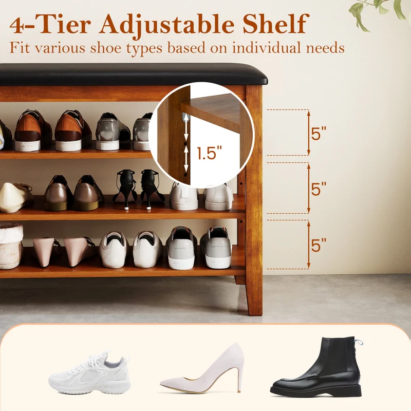 3-Tier Shoe Rack Bench, Adjustable Shelves, Soft Cushion, Brown