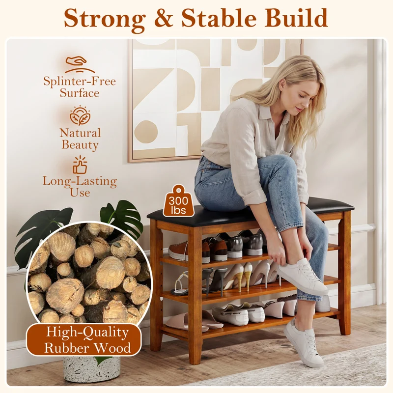 3-Tier Shoe Rack Bench, Adjustable Shelves, Soft Cushion, Brown