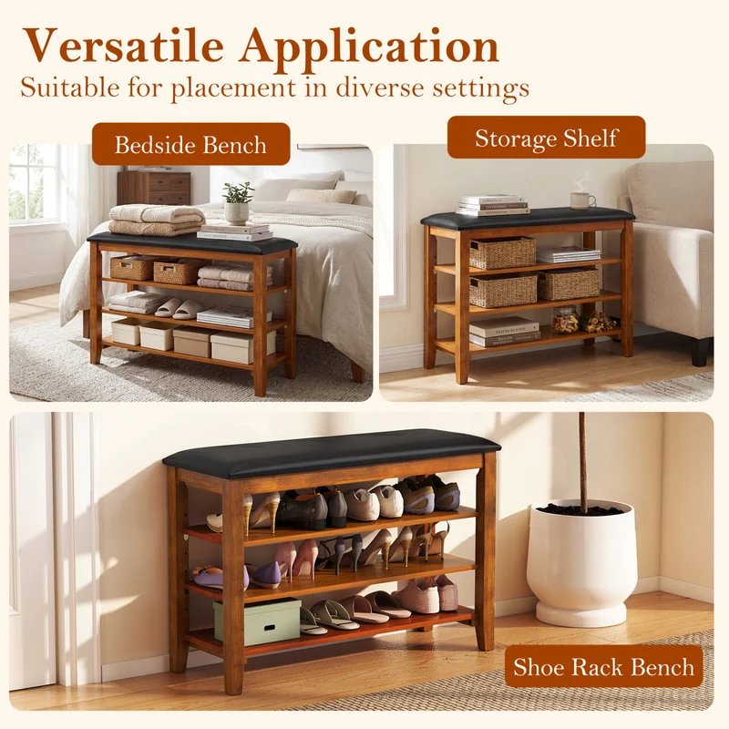 3-Tier Shoe Rack Bench, Adjustable Shelves, Soft Cushion, Brown