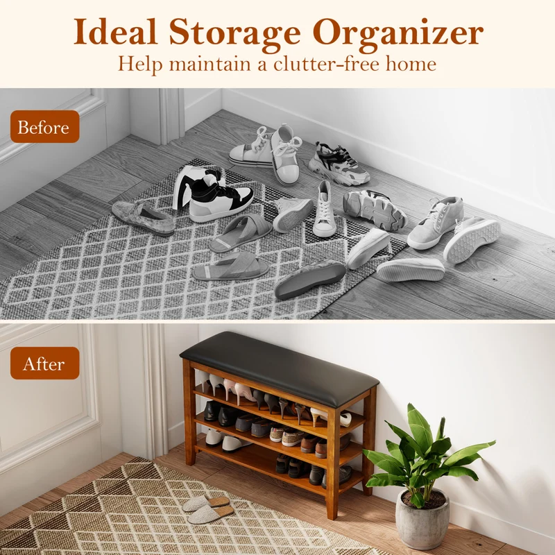 3-Tier Shoe Rack Bench, Adjustable Shelves, Soft Cushion, Brown