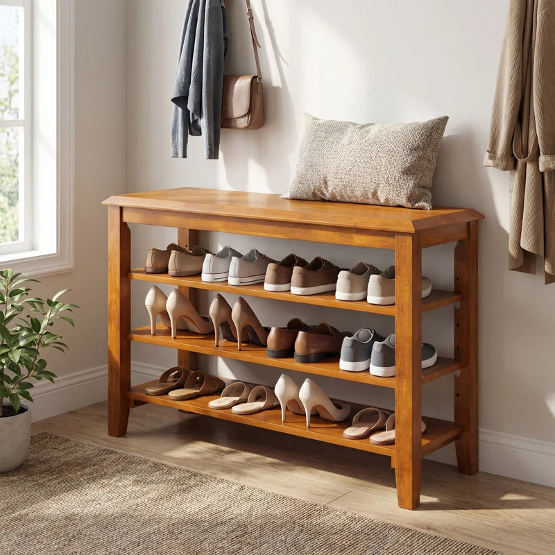 3-Tier Shoe Rack Bench, Adjustable Shelves, Entryway Living Room, Brown