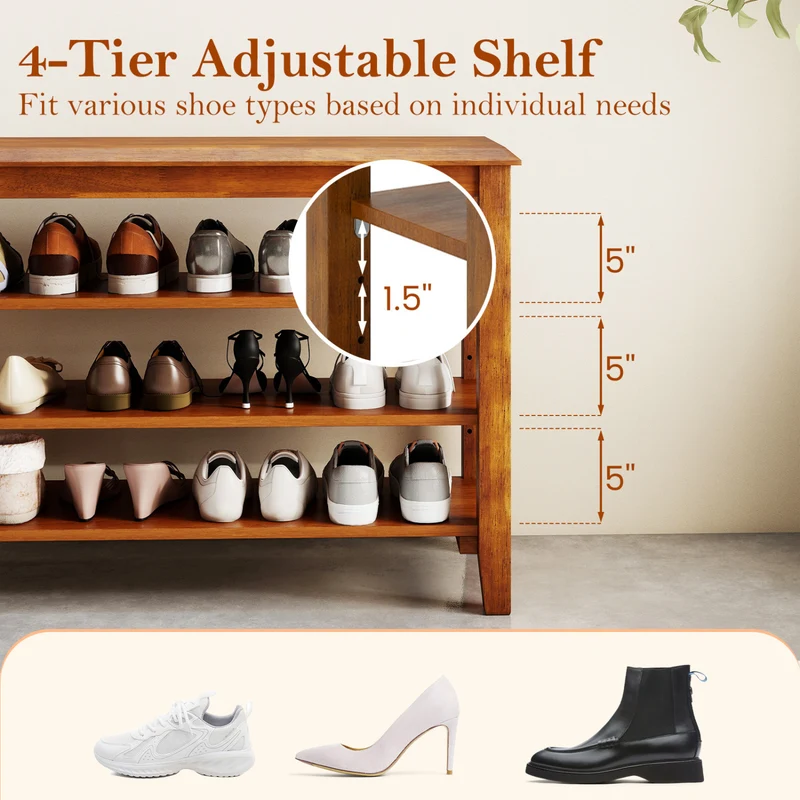 3-Tier Shoe Rack Bench, Adjustable Shelves, Entryway Living Room, Brown