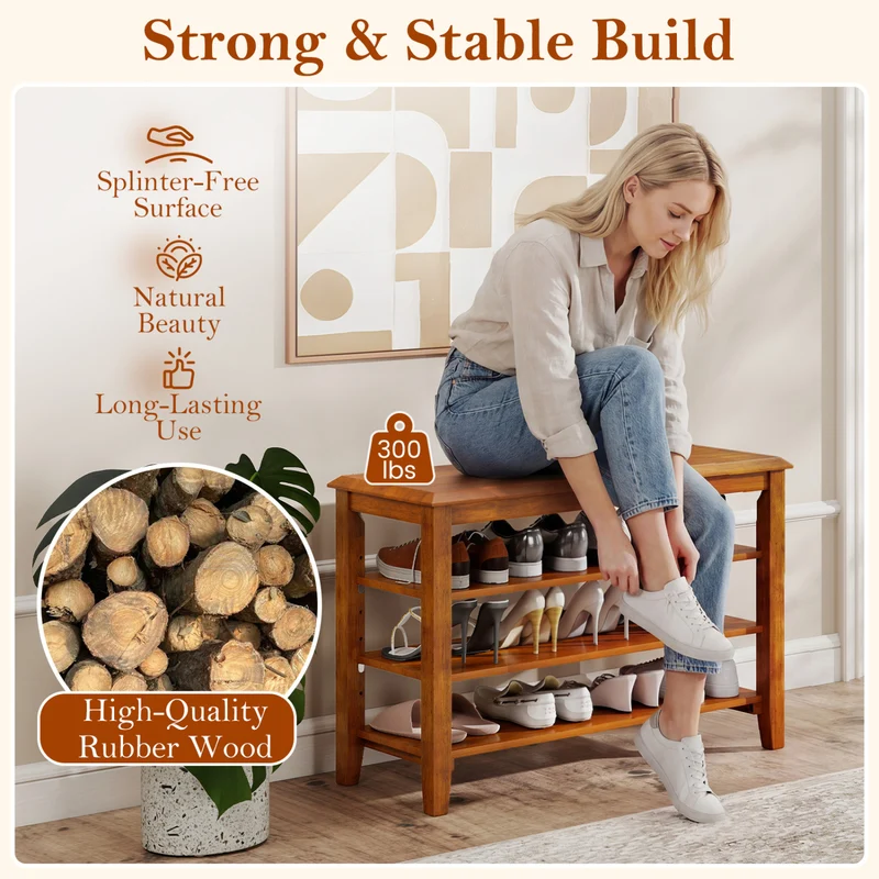3-Tier Shoe Rack Bench, Adjustable Shelves, Entryway Living Room, Brown