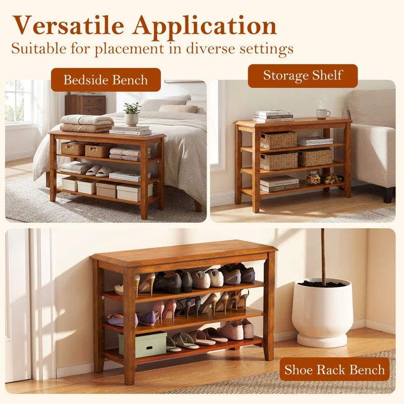 3-Tier Shoe Rack Bench, Adjustable Shelves, Entryway Living Room, Brown