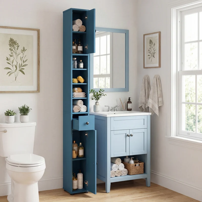 Slim Bathroom Cabinet With Drawer, Adjustable Shelves, Blue
