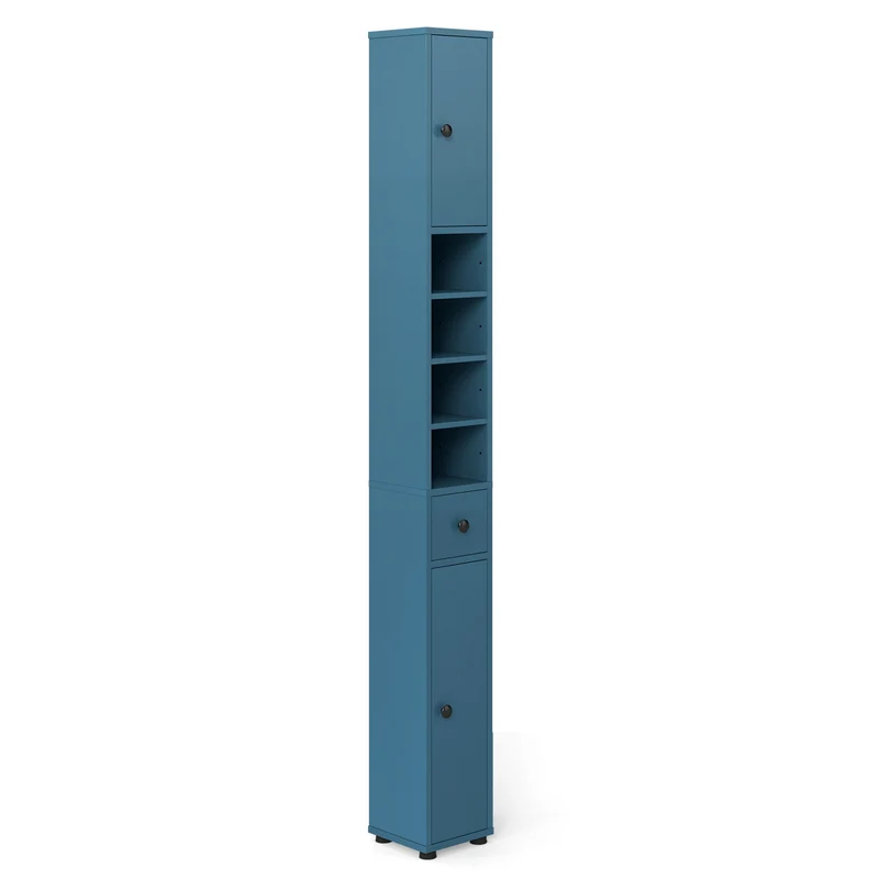 Slim Bathroom Cabinet With Drawer, Adjustable Shelves, Blue
