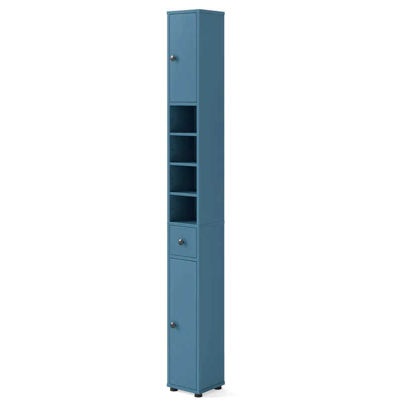 Slim Bathroom Cabinet With Drawer, Adjustable Shelves, Blue