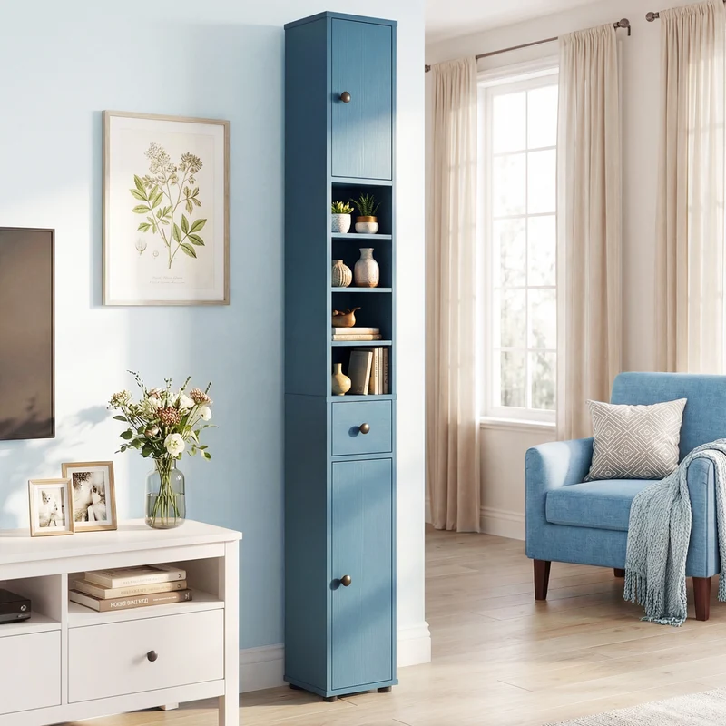 Slim Bathroom Cabinet With Drawer, Adjustable Shelves, Blue