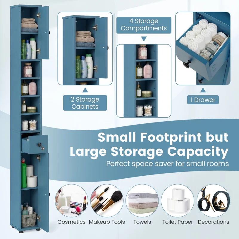 Slim Bathroom Cabinet With Drawer, Adjustable Shelves, Blue