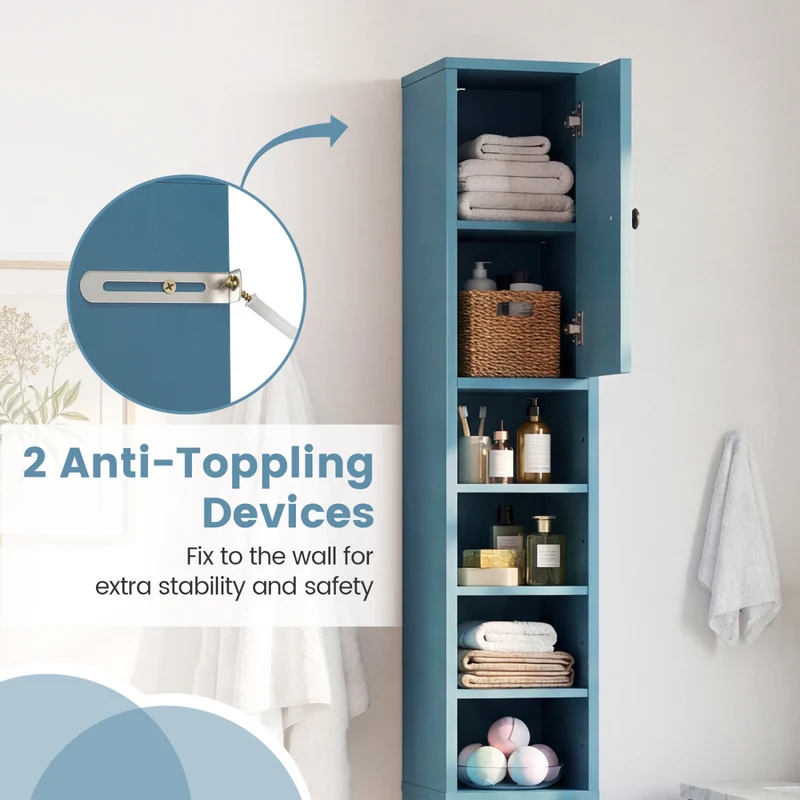 Slim Bathroom Cabinet With Drawer, Adjustable Shelves, Blue