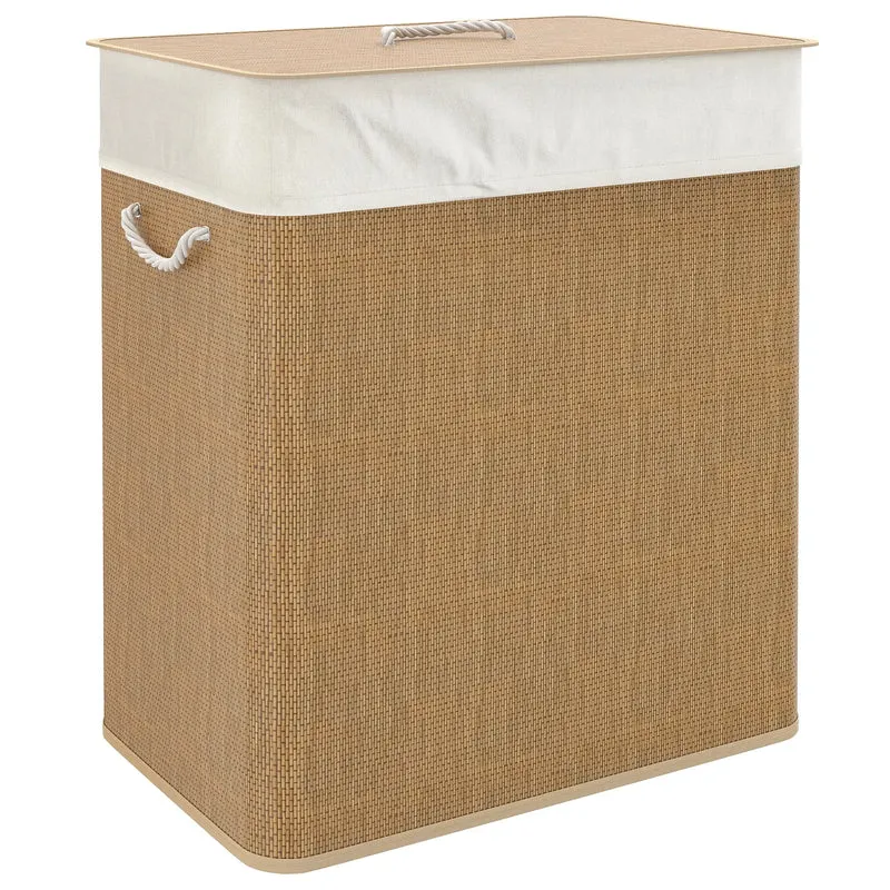 Double Laundry Basket with Lid, 100L Bamboo Hamper, Removable Bags, Brown