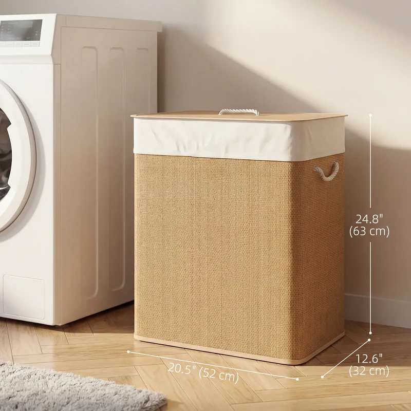 Double Laundry Basket with Lid, 100L Bamboo Hamper, Removable Bags, Brown